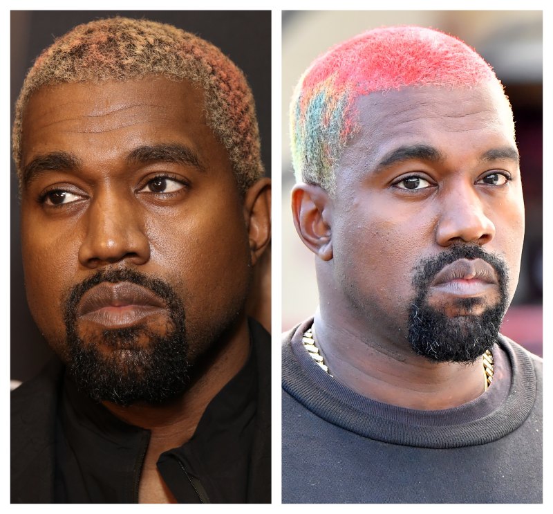 A split image of Kanye West with two different hairstyles