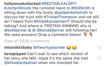 Larsa Pippen comment on instagram bashing jordyn woods red table talk appearance
