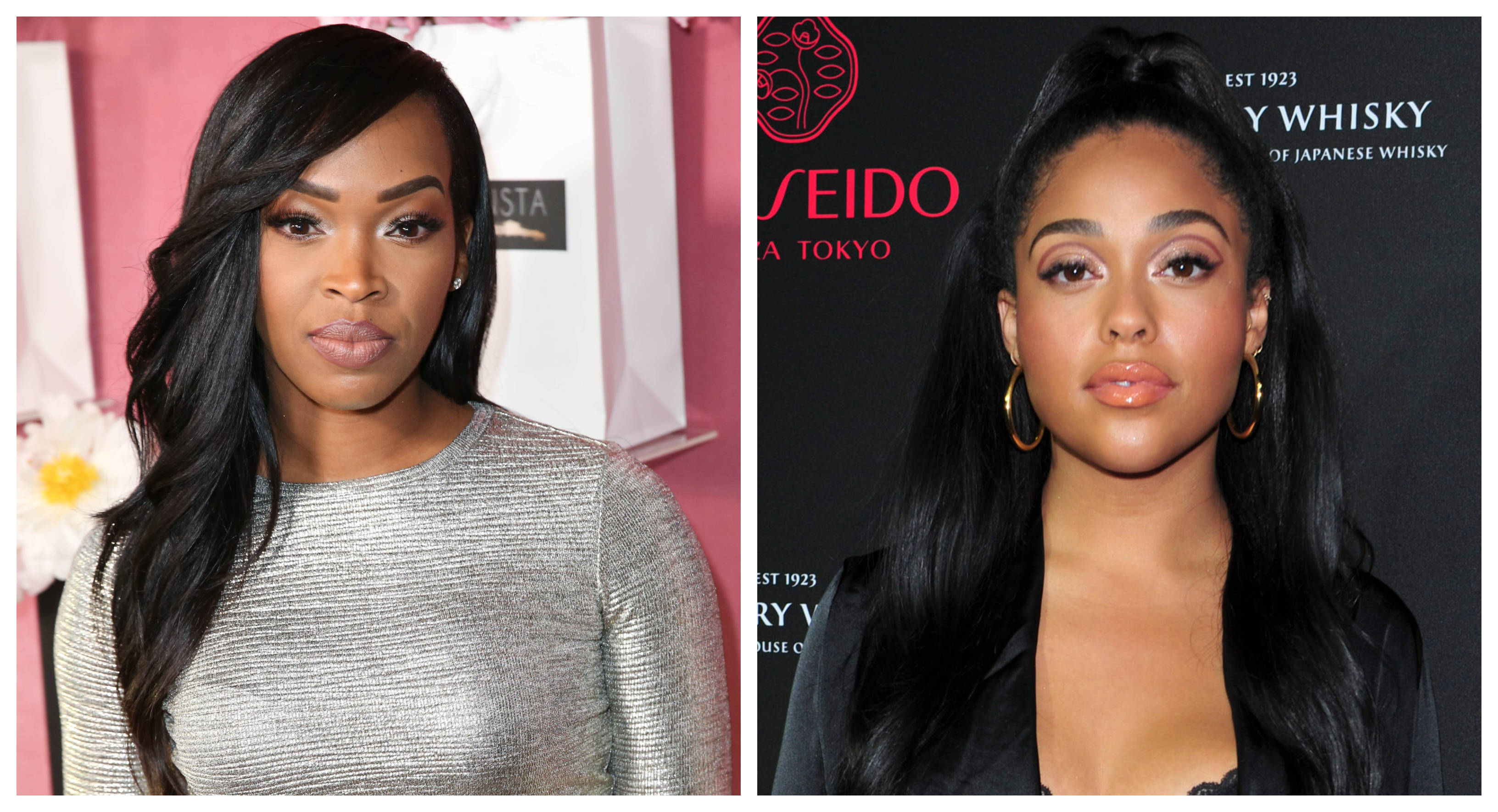 A split image of Jordyn Woods and one of the Haqq twins