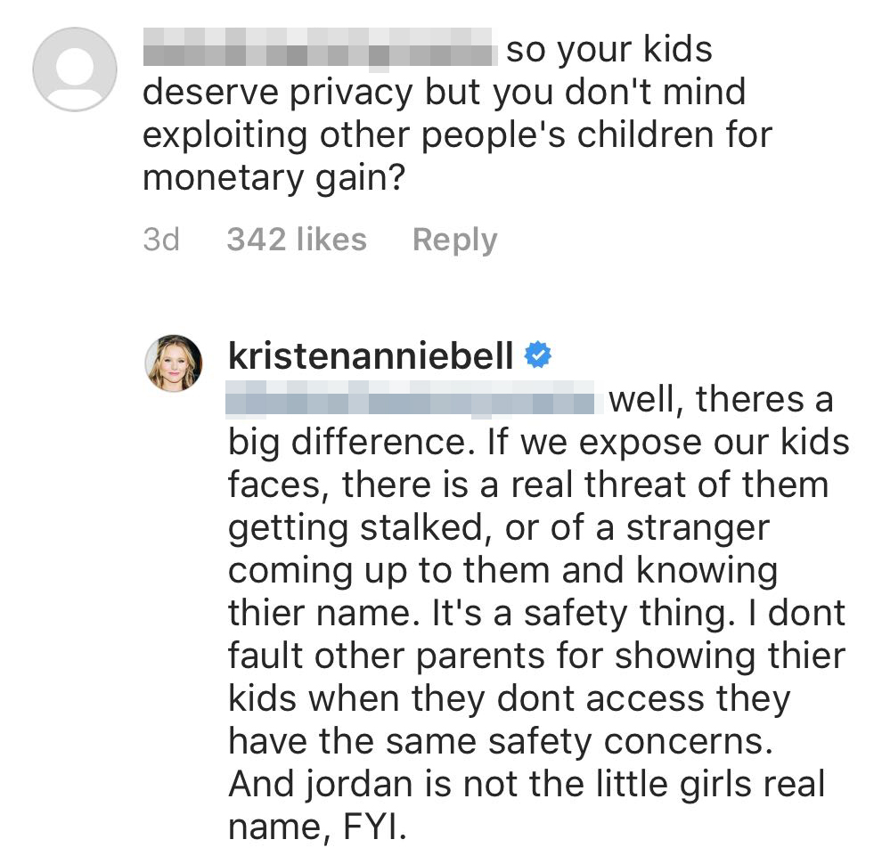 Kristen Bell responds to fan who accuse her of exploiting a child actor