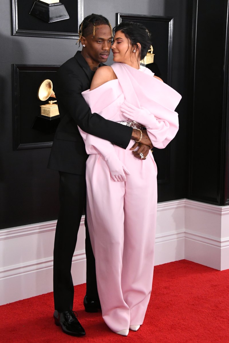 Kylie Jenner at the 2019 Grammy Awards wearing a pink jumpsuit