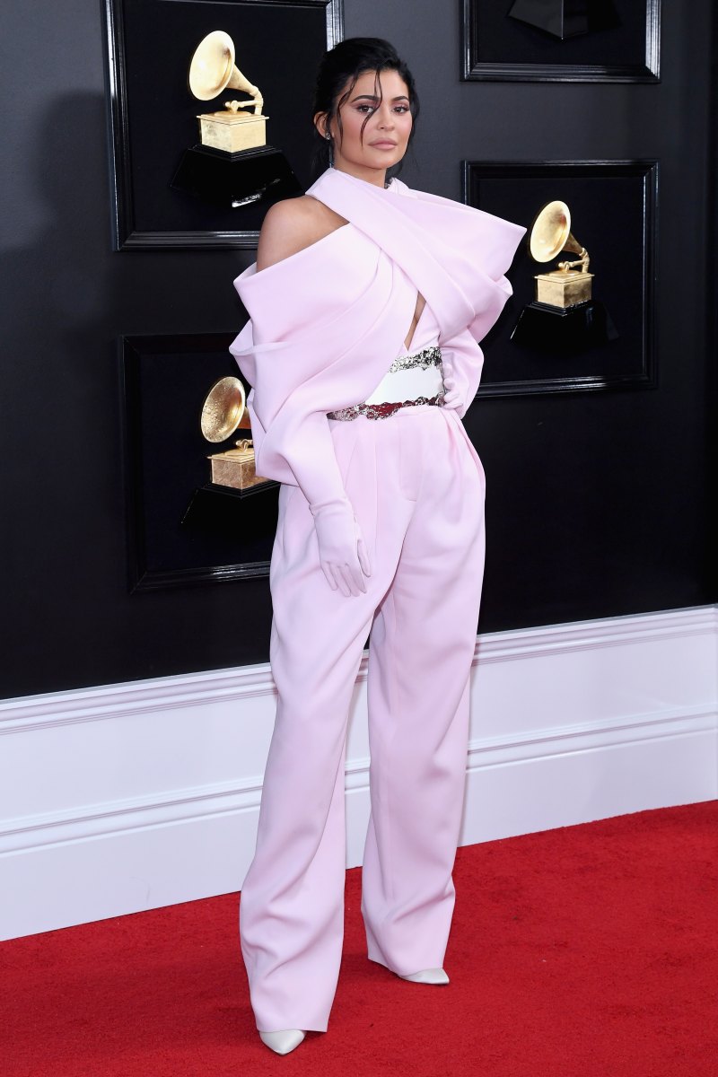 Kylie Jenner at the 2019 Grammy Awards wearing a pink jumpsuit