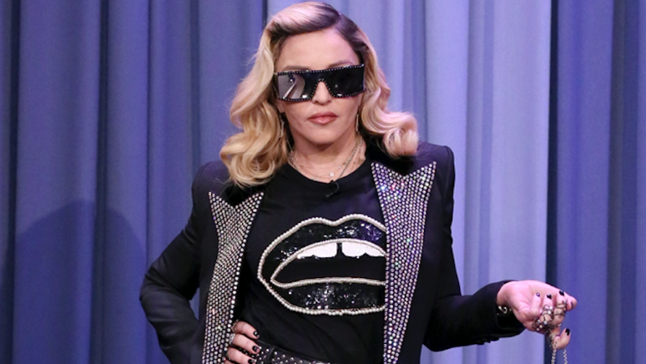 Madonna posing on the Tonight Show with Jimmy Fallon
