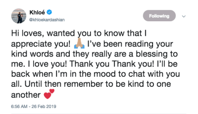 khloe kardashian tweet thanking fans for support after Tristan Thompson cheating scandal