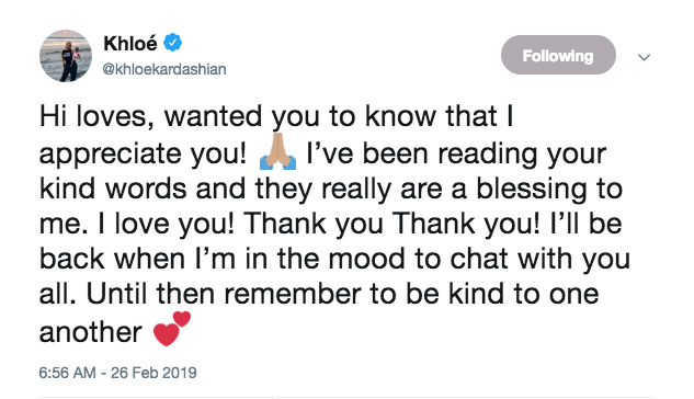 khloe kardashian tweet thanking fans for support after Tristan Thompson cheating scandal