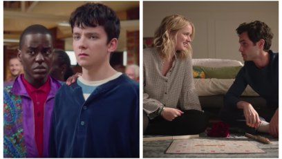 A split image of scenes from the show Sex Education and You