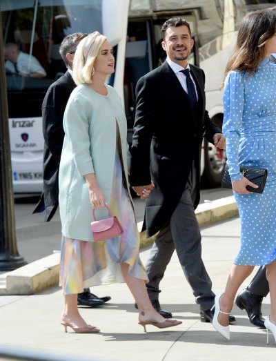 Katy Perry Wears Mint Green Coat and Pastel Dress With Orlando Bloom in Suit
