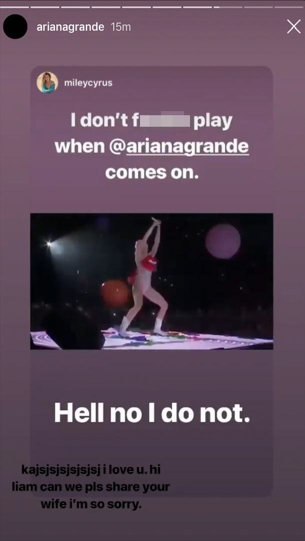Miley Cyrus instagram story with Ariana Grande