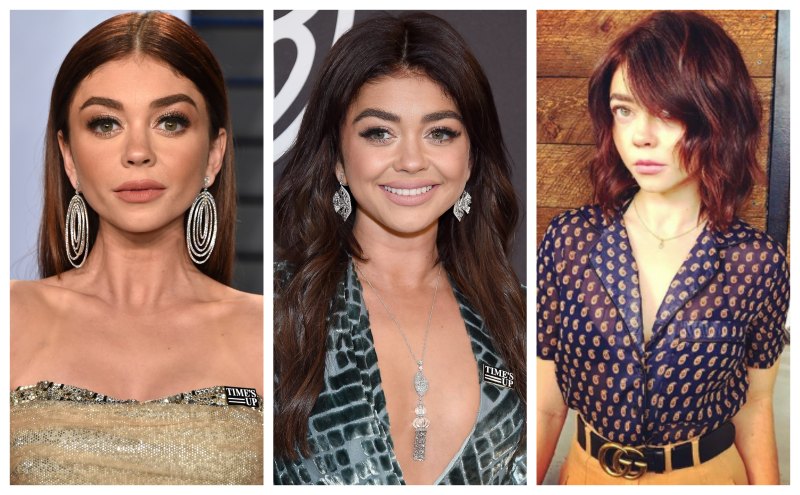 A split image of Sarah Hyland with 3 different hairstyles.