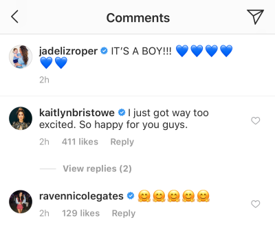 Kaitlyn Bristowe and Raven Gates comment on Jade Roper and tanner tolberts gender reveal announcement