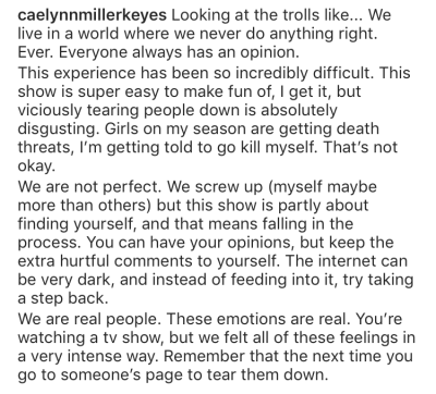 the bachelor Caelynn Miller Keyes instagram post about contestants receiving death threats