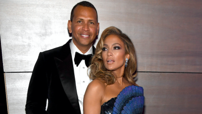 Jennifer Lopez posing with Alex Rodriguez.