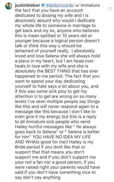 Justin Bieber Instagram Comment