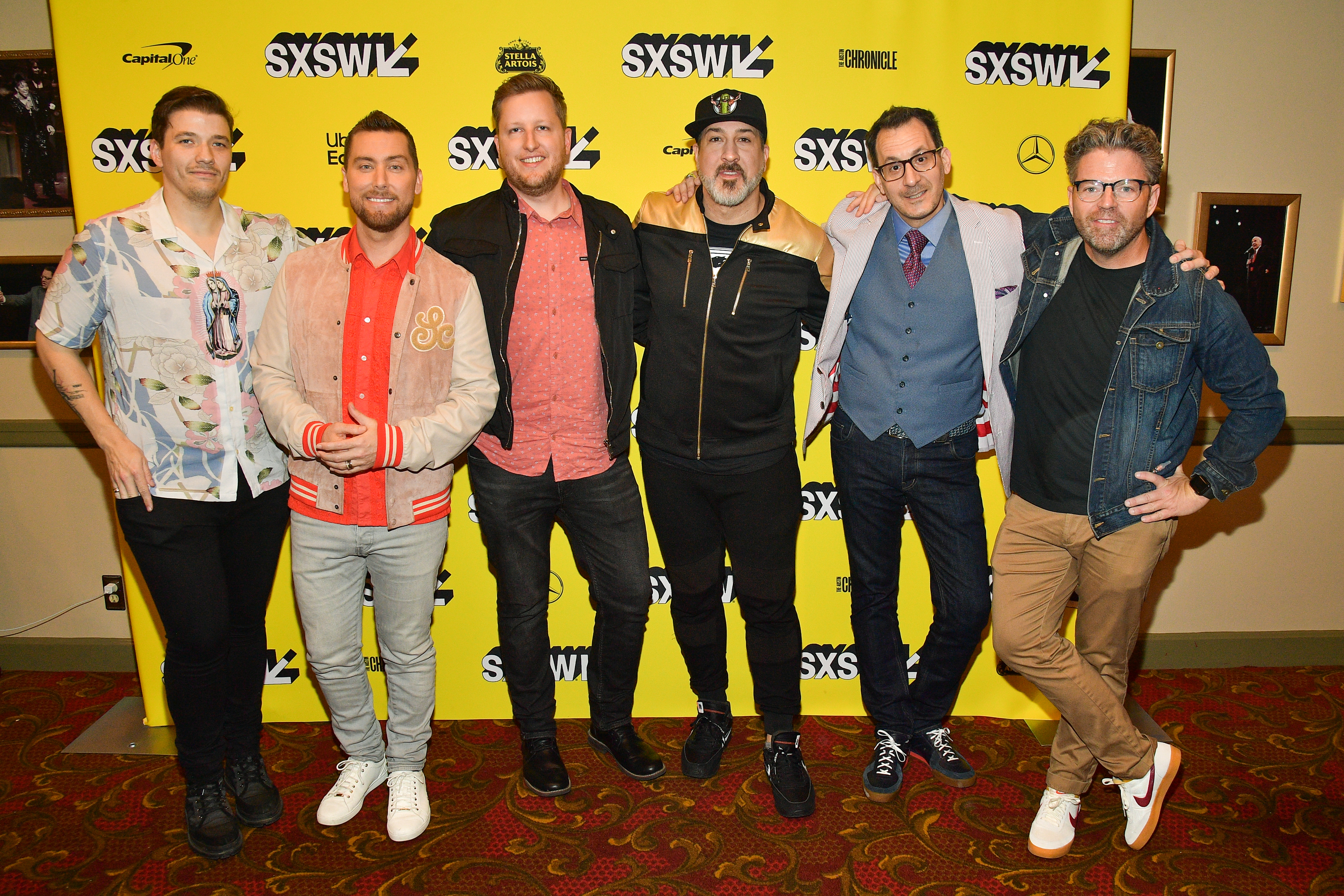 Matthew Charles Ducey, Lance Bass, Aaron Kunkel, Joey Fatone, Nicholas Caprio, and Dave Holmes attend the 'The Boy Band Con: The Lou Pearlman Story' Premiere