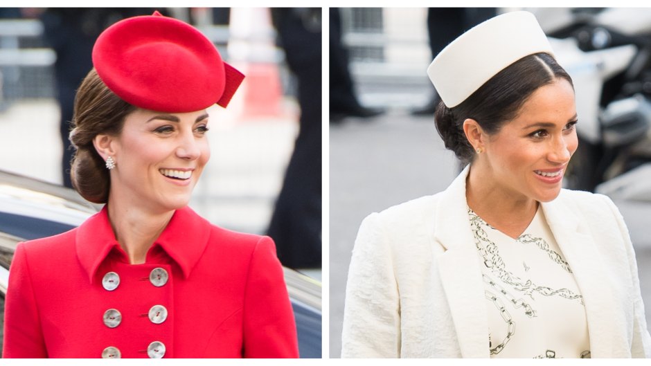 A split image of Kate Middleton and Meghan Markle at the Commonwealth Day Service.