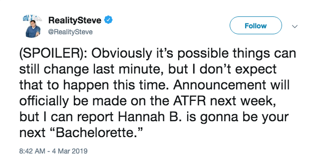 Reality Steve says Hannah Brown will be next bachelorette