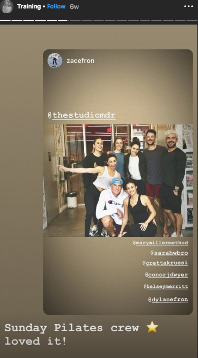 Sarah Bro Instagram Story Zac Efron at pilates