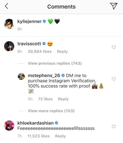 Travis Scott comments on Kylie's pic