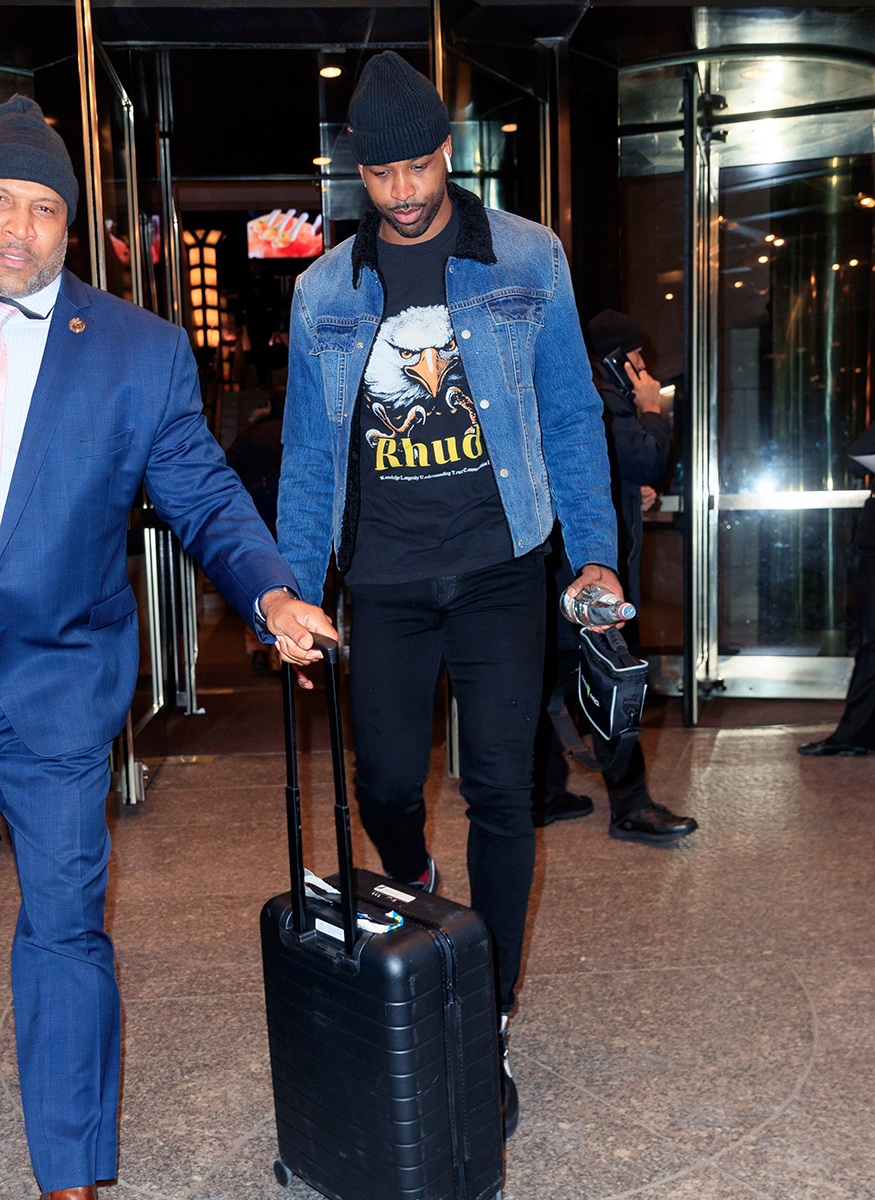 Tristan Thompson Goes Casual in Denim Jacket and Black Hat in NYC Amid Cheating Scandal