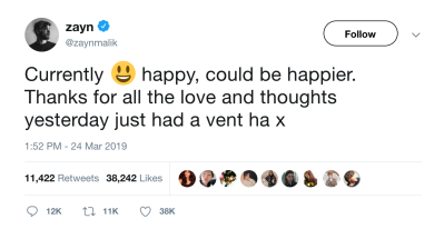 A tweet from Zayn Malik.