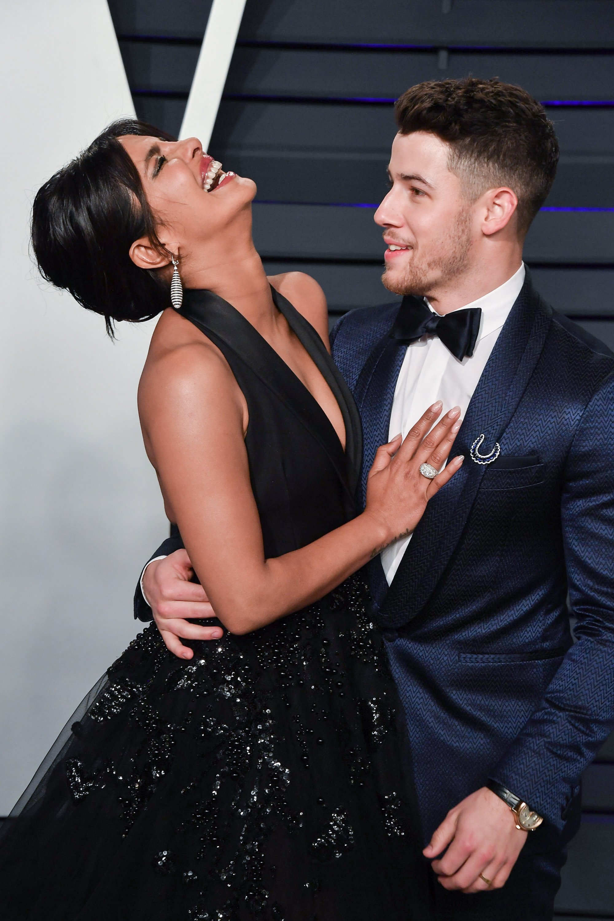 Nick Jonas blue suit Priyanka Chopra black ball gown vanity fair party