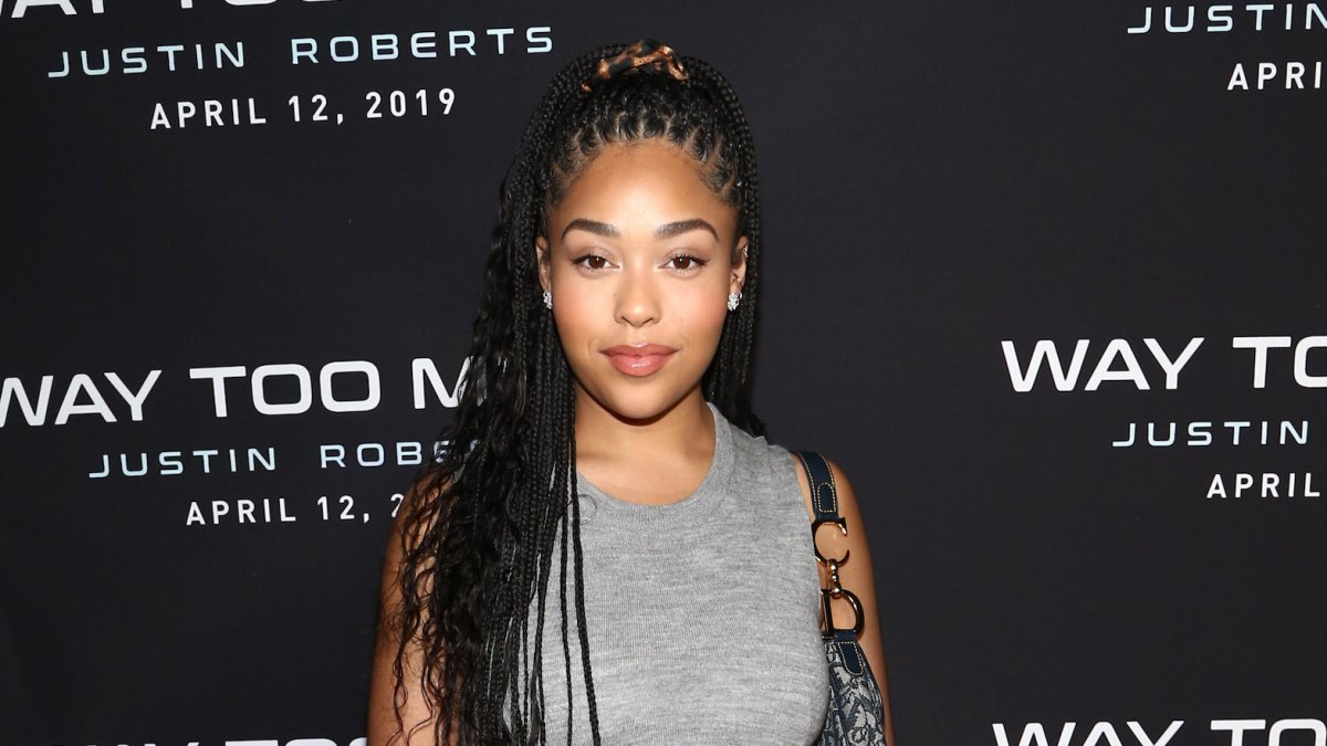 Jordyn Woods makeup free braids grey dress skin