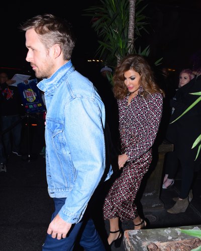 Ryan Gosling denim jacket Eva Mendes patterned dress