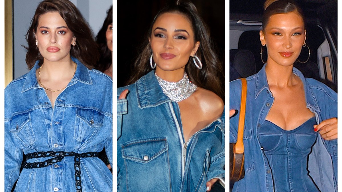 A split image of Ashley Graham, Olivia Culpo and Bella Hadid all wearing denim to Gigi Hadid's birthday party in NYC.