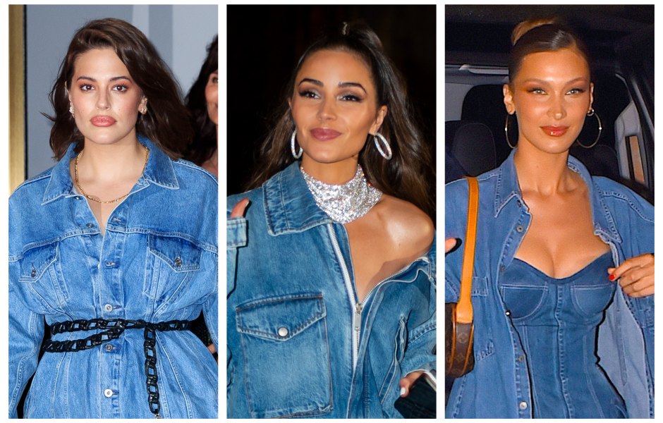 A split image of Ashley Graham, Olivia Culpo and Bella Hadid all wearing denim to Gigi Hadid's birthday party in NYC.