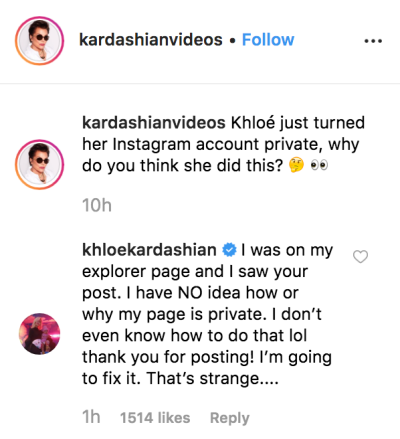 Khloe Kardashian Explains Private Instagram