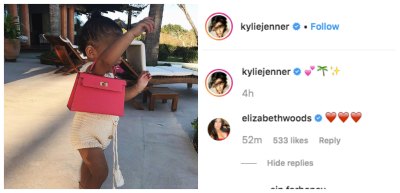 A split image of Stormi Webster and a comment from Kylie Jenner's Instagram