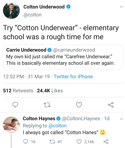 Colton Underwood Carrie Underwood Colton Haynes twitter