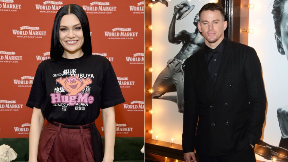 Jessie J wearing hug me shirt and Channing Tatum at magic mike premiere in black suit