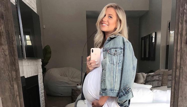 Bachelor Lauren Burnham pregnant white dress jean jacket baby selfie