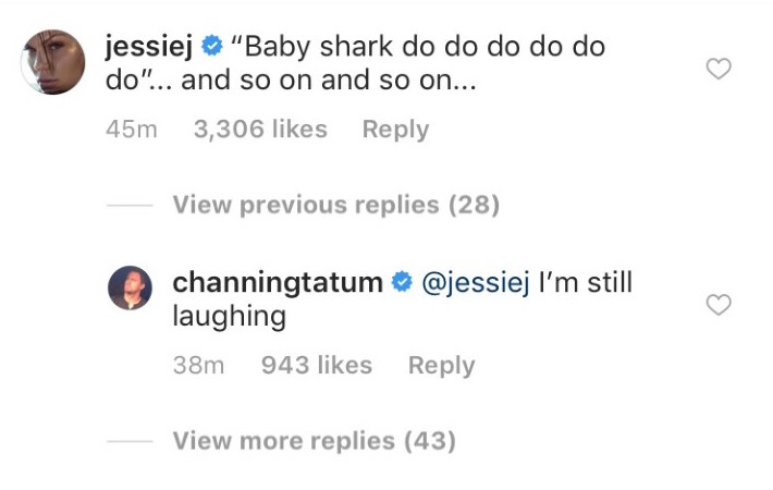 Jessie J comments baby shark on channing tatums instagram
