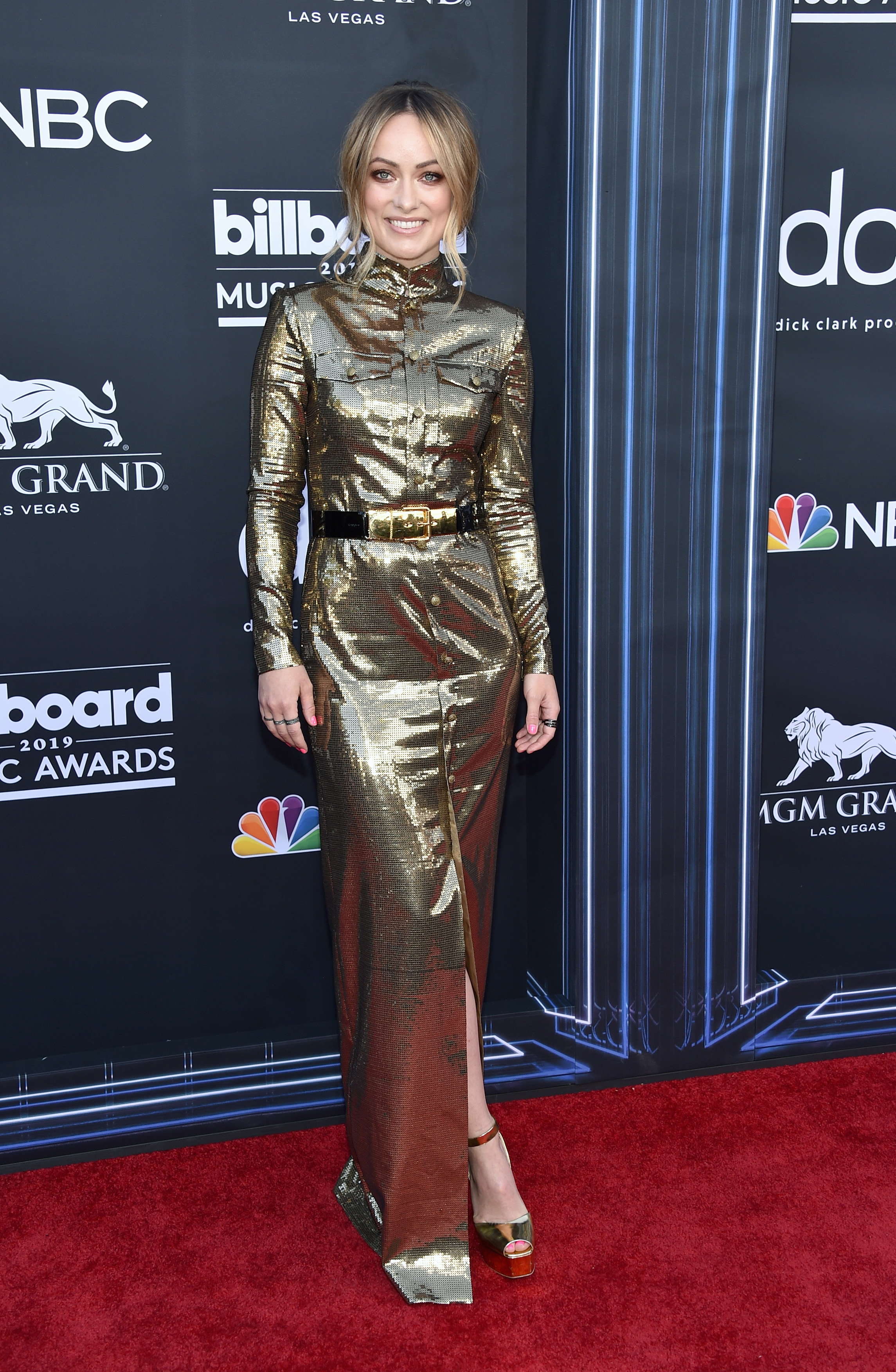 Olivia Wilde 2019 Billboard Music Awards turtleneck gown long sleeve gold