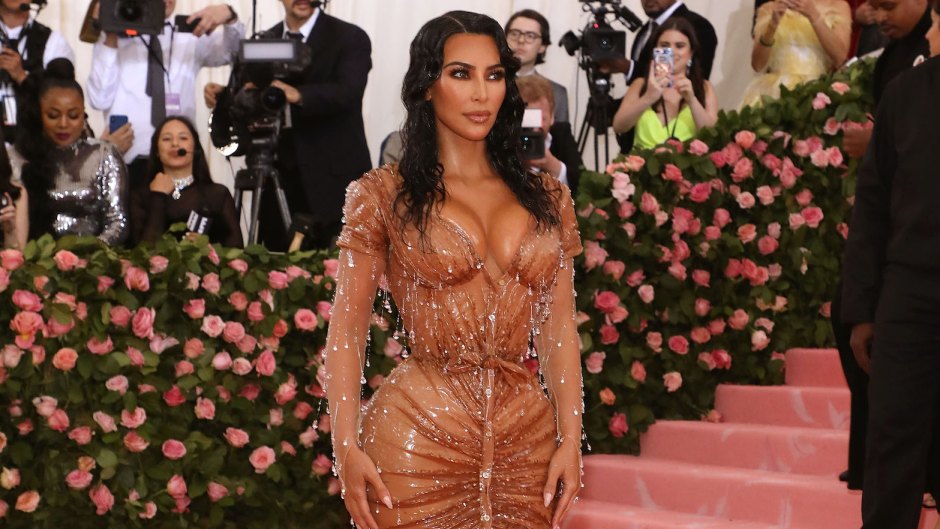 Kim kardashian met gala 2019 waist snatching dress tan wet dress diamonds tiny wiast