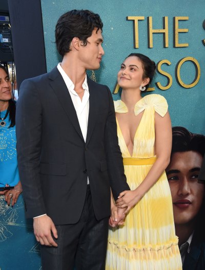 Camila Mendes yellow dress Charles Melton grey suit white shirt relationship love movie premiere cute