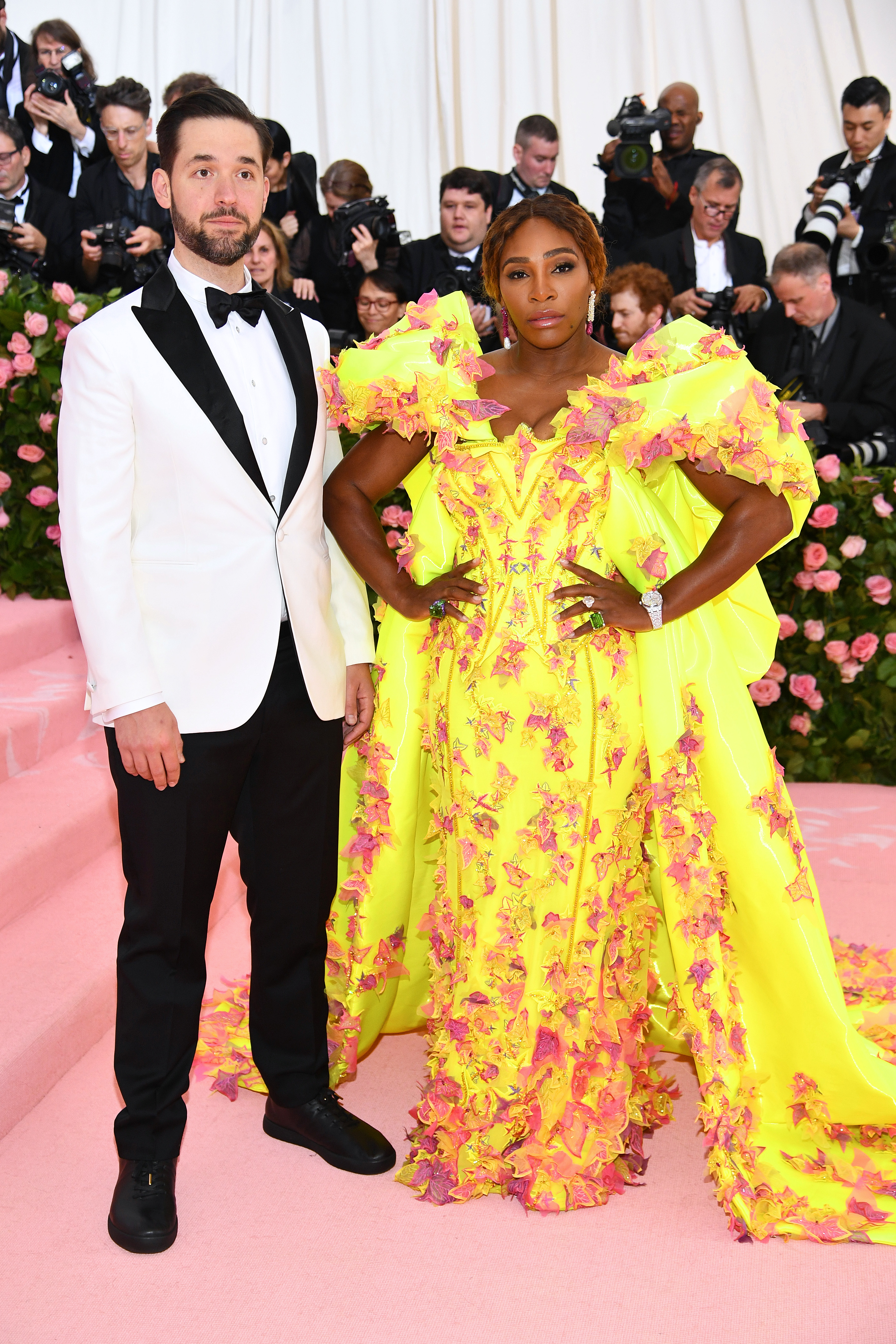 Serena Williams Alexis Ohanian 2019 met gala yellow dress with flowers white tux