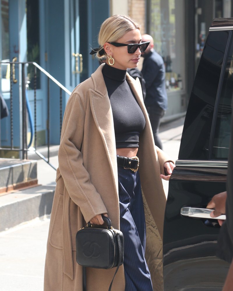 Hailey Baldwin tan coat little purse nyc
