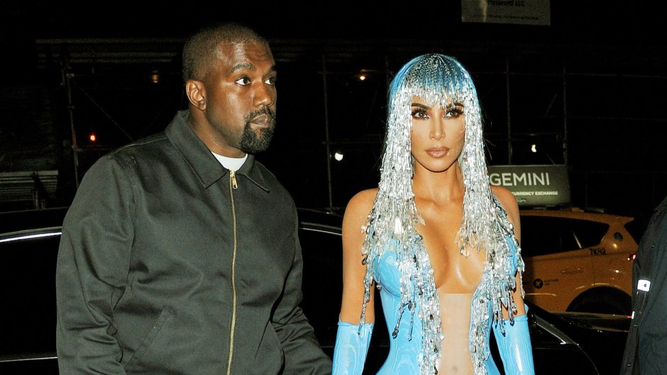 Kim Kardashian blue dress mermaid sparkly hair Kanye West black bomber jacket 2019 met gala afterparty