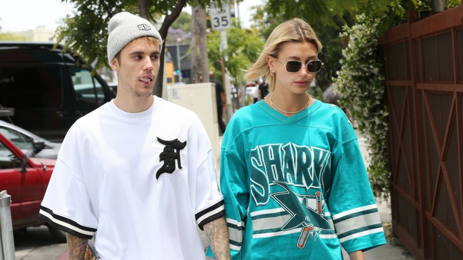 Justin Bieber and Hailey Baldwin sharks jersey sunglasses no makeup holding hands marriage relationship