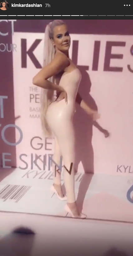 Khloe Kardashian pink latex body suit kylie jenner kylieskin launch party pink party