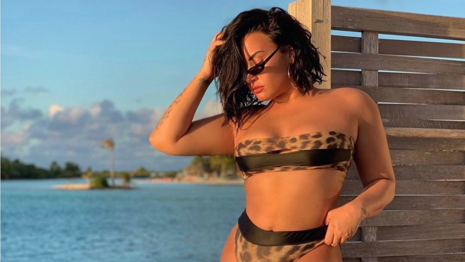 Demi Lovato cheetah print bikini strapless bora bora vacation beach body