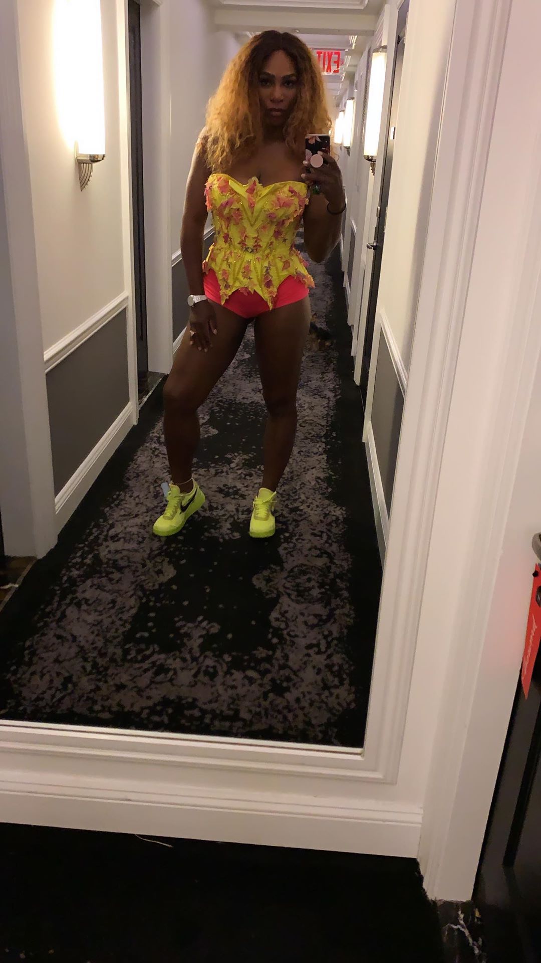 Serena Williams 2019 met gala dress no skirt hot pink shorts green nike