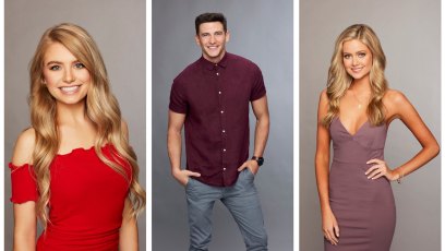 Bachelor in Pardise cast Photos Demi Burnette in Red Off the Shoulder Top Blake Horstmann in Purple Button Down Hannah Godwin in Purple Dress