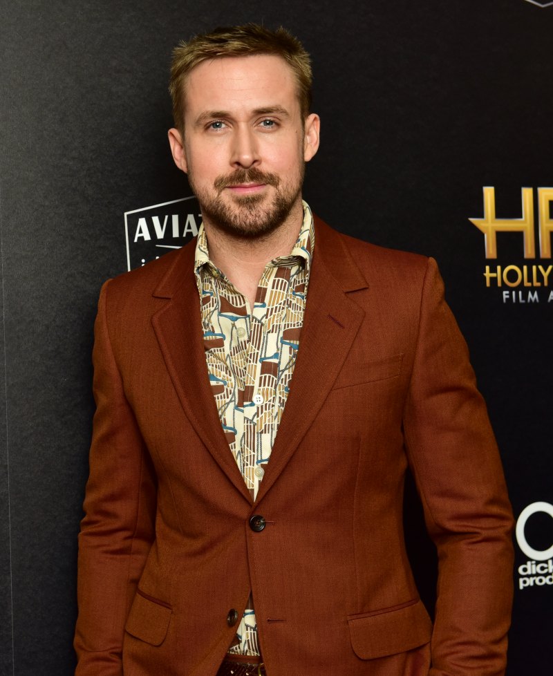 Ryan Gosling Orange Suit and Patterned Shirt