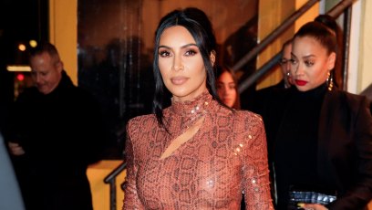 Kim Kardashian Wears Cheetah Print Latex Dress With Hair Up KKW Body Foundation