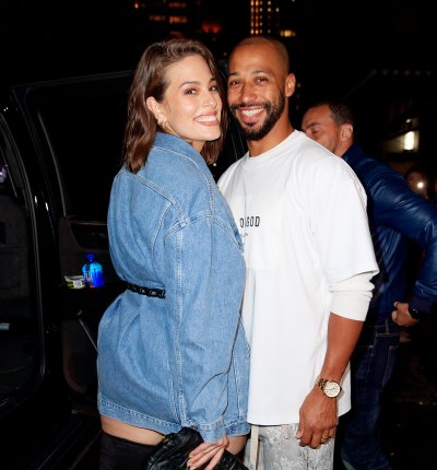 Ashley Graham in a Denim Dress and Husband Justin Ervin in a White Sweatshirt Hug