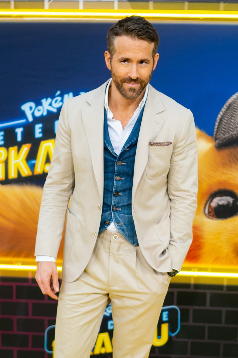 Ryan Reynolds Wears Tan Suit With Denim Vest During Premiere of Detective Pikachu